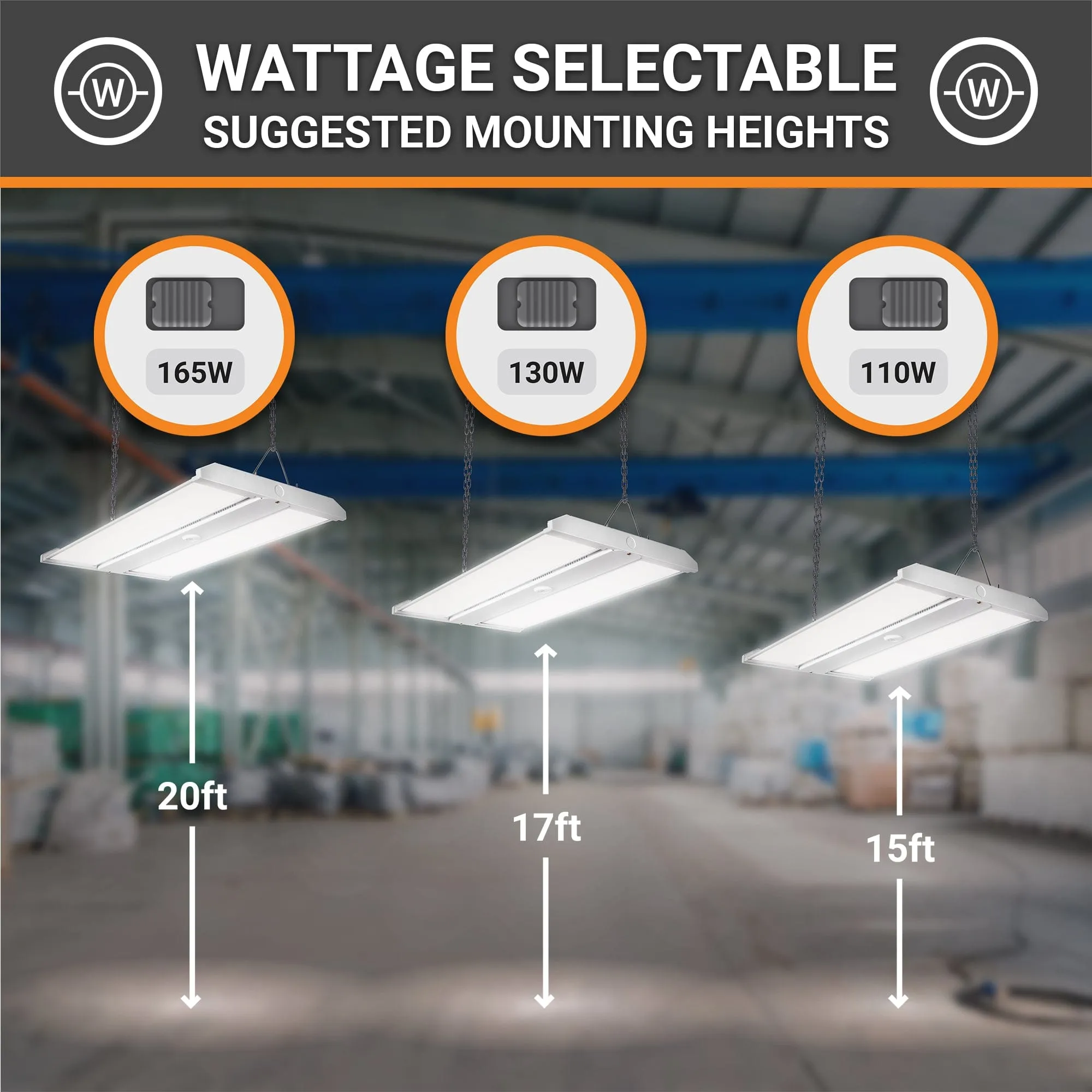 165W/130W/110W LED Linear High Bay with Chain Mount - 4K/5K CCT - 120-277VAC