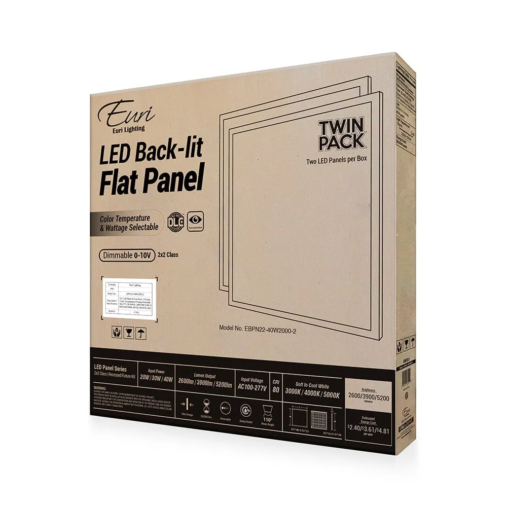 20W/30W/40W Tunable 2x2 Dimmable LED Panel - 30K/40K/50K - 110 Degrees - 2600 Lm / 3900 Lm / 5200 Lm - 2 Pack