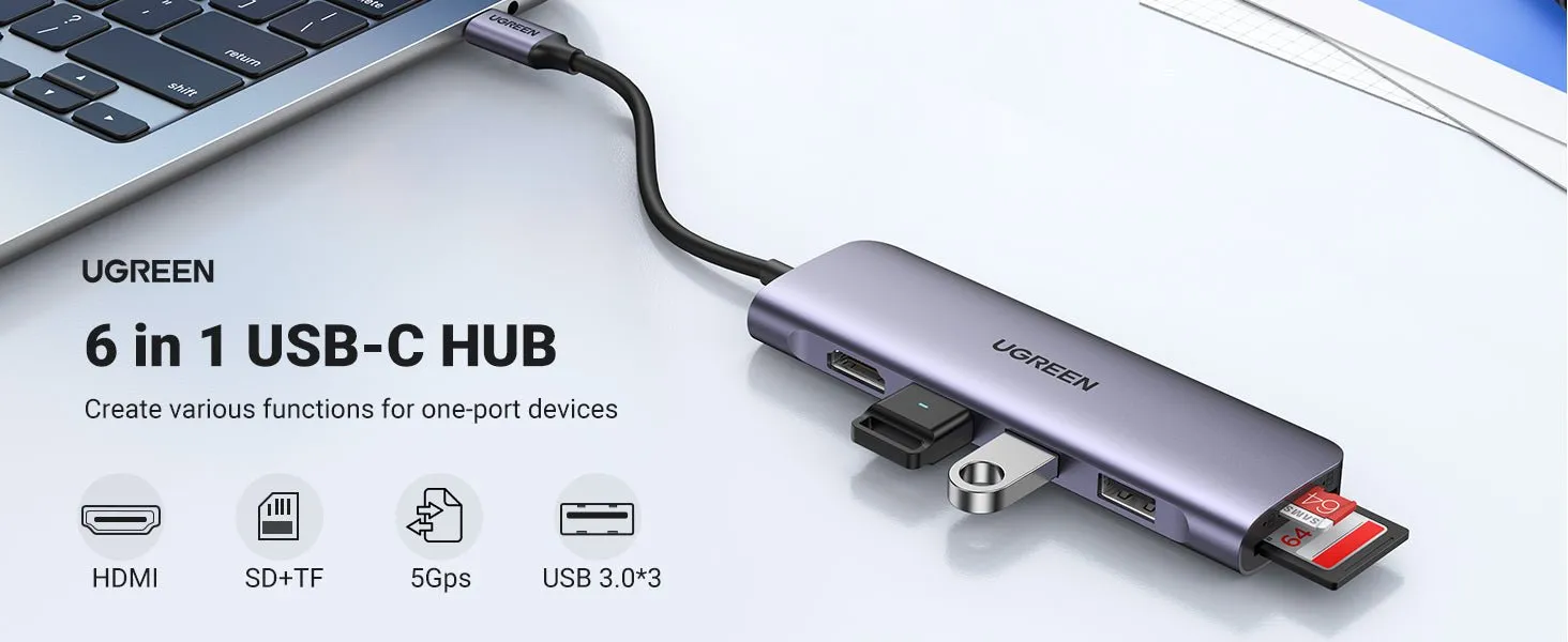 Adapter HUB UGREEN CM511 USB-C to HDMI, 3x USB-A 3.0, SD/TF CM511 - 20956A