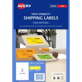 Avery 36100 L7168Fy High Visibility Shipping Label Laser 2Up Fluoro Yellow Pack 25