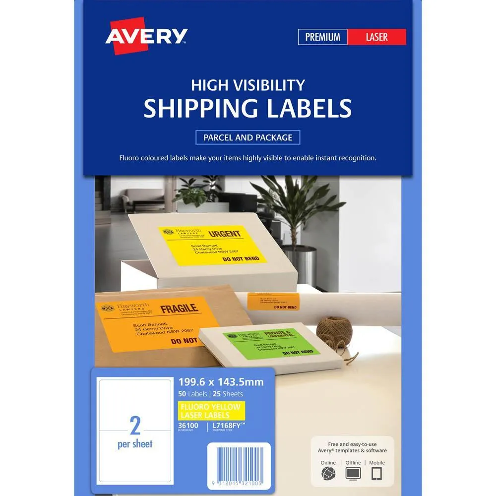 Avery 36100 L7168Fy High Visibility Shipping Label Laser 2Up Fluoro Yellow Pack 25