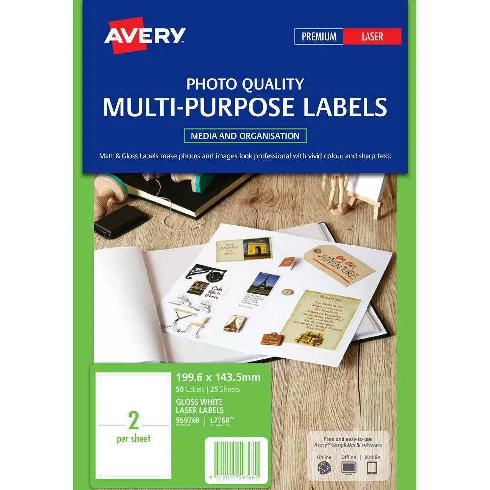 Avery 959768 L7768 Multi-Purpose Photo Quality Label Inkjet 2Up Gloss White Pack 25