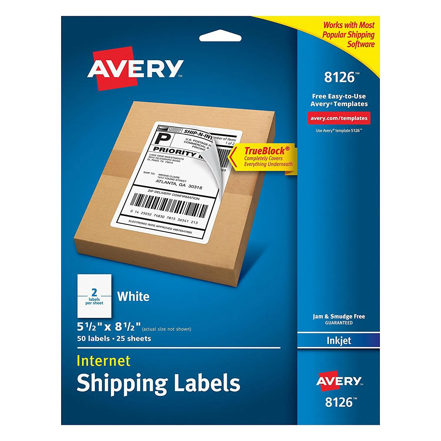 AVERY - Internet Shipping Labels with TrueBlock Technology for Inkjet Printers 5-1/2" x 8-1/2" - Pack of 50