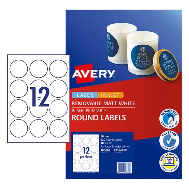 Avery Label L7104REV Round White 60mm 12up 10 Sheets