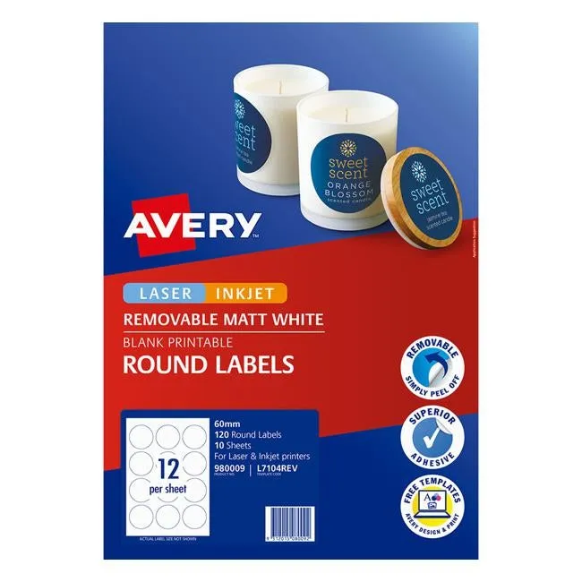 Avery Label L7104REV Round White 60mm 12up 10 Sheets