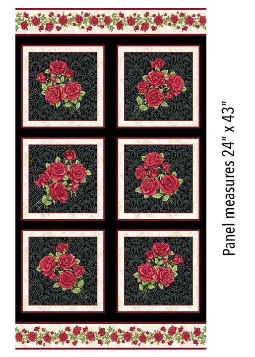 Benartex - A Festival of Roses - Festive Roses Panel in Black