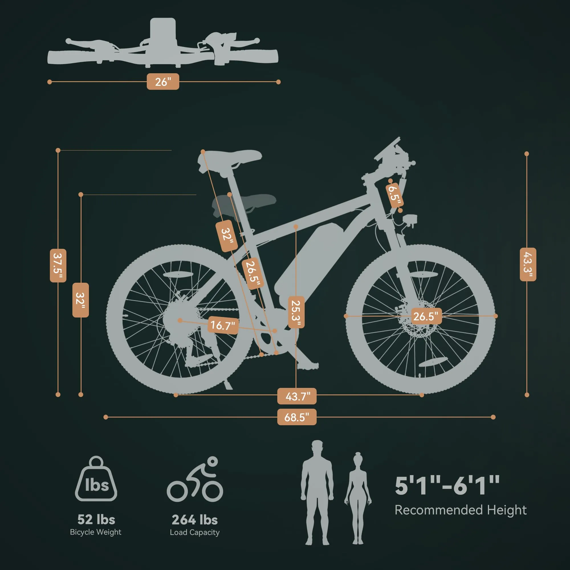 ESKUTE M100 Electric Bike, 27.5" Electric Mountain Bike, 250W Brushless Motor, 36V 10.4Ah Removable Battery, LED Display, E-MTB E-bike Electric Bicycle For Adults Men Women