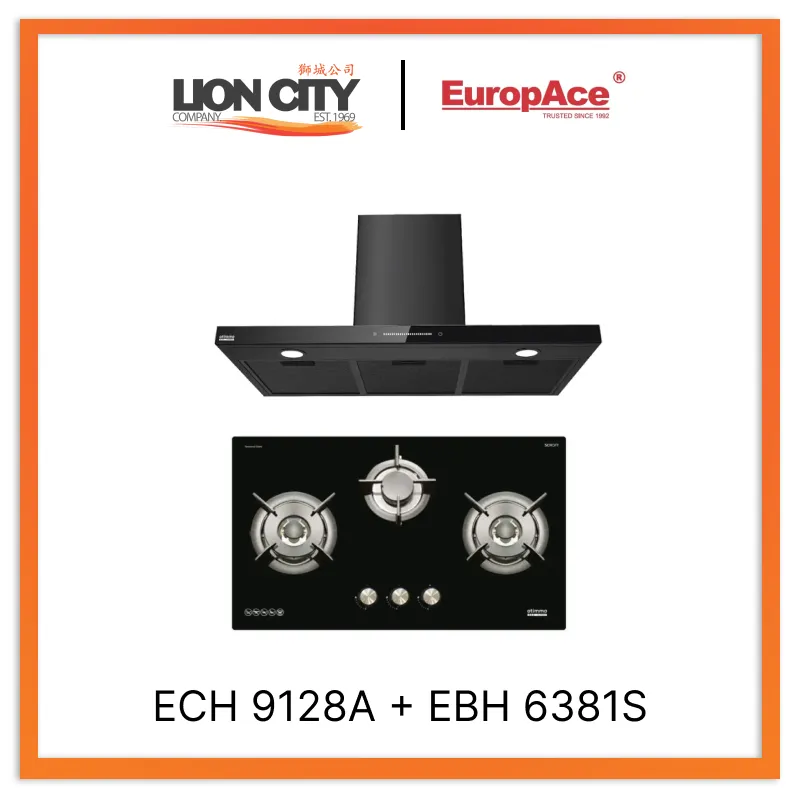 Europace ECH9128A 90cm Premium T-Chimney Hood Full   EBH6381S 3 Burner 80cm Slim Gas Cooker Hob (Schott Glass)