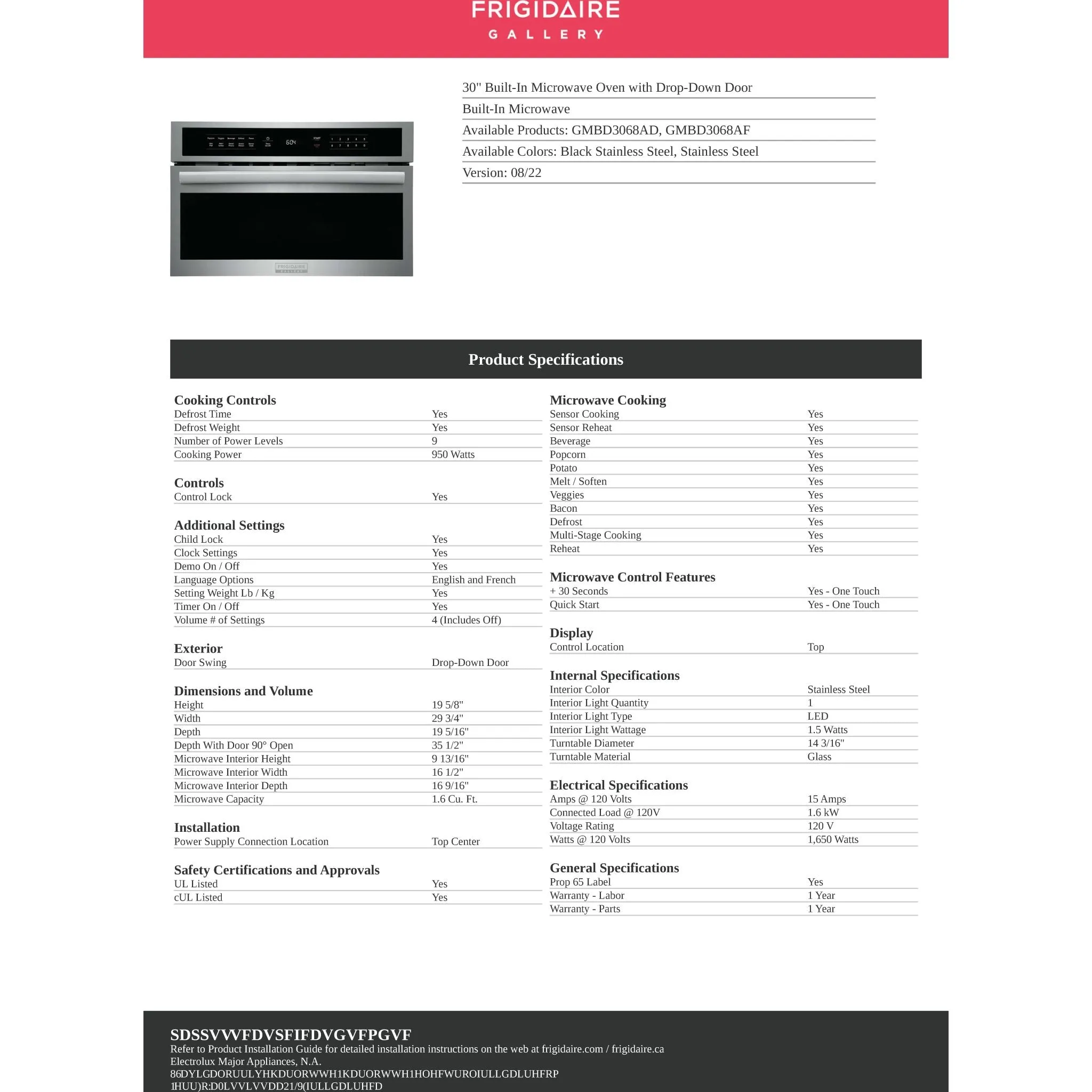Frigidaire Gallery Built In Microwave (GMBD3068AD) - Black Stainless