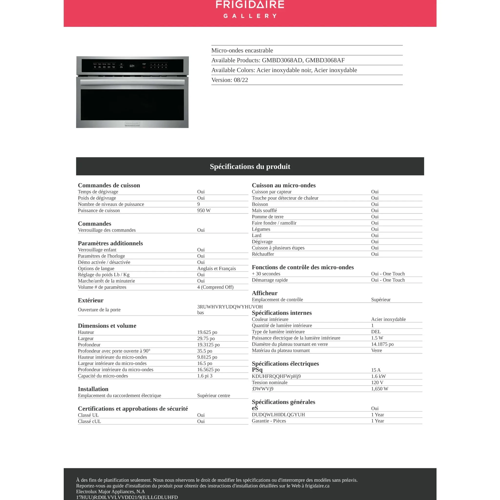 Frigidaire Gallery Built In Microwave (GMBD3068AD) - Black Stainless