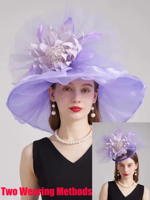 FS 2024 Female Kentucky Derby Hats For Women Organza Sun Sombrero With Mesh Flower Wedding Bride Church Cocktail Party Fedora