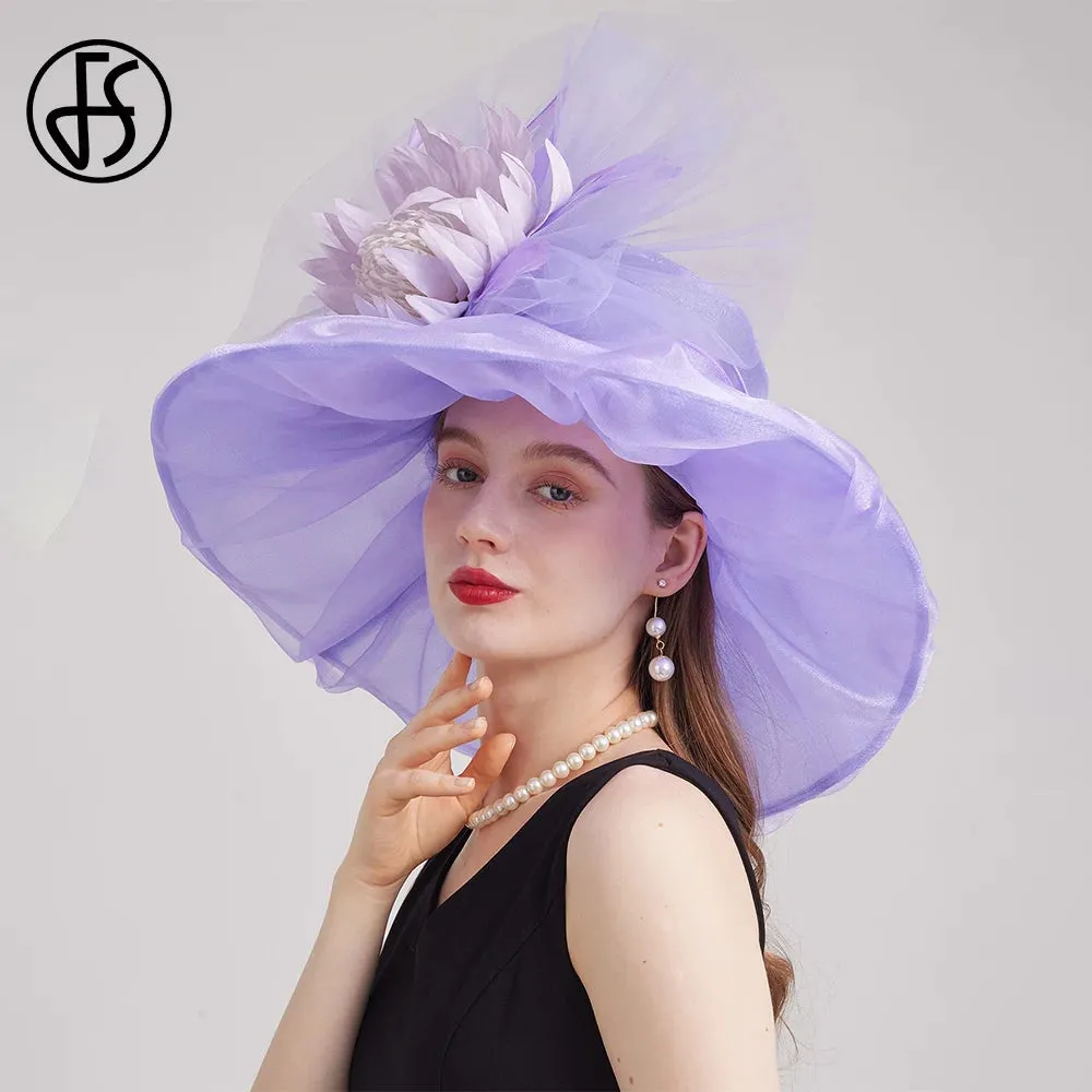 FS 2024 Female Kentucky Derby Hats For Women Organza Sun Sombrero With Mesh Flower Wedding Bride Church Cocktail Party Fedora