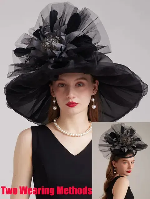FS 2024 Female Kentucky Derby Hats For Women Organza Sun Sombrero With Mesh Flower Wedding Bride Church Cocktail Party Fedora