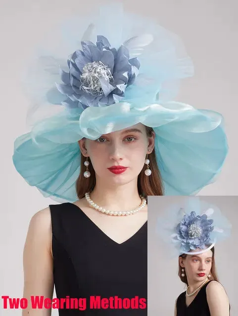 FS 2024 Female Kentucky Derby Hats For Women Organza Sun Sombrero With Mesh Flower Wedding Bride Church Cocktail Party Fedora