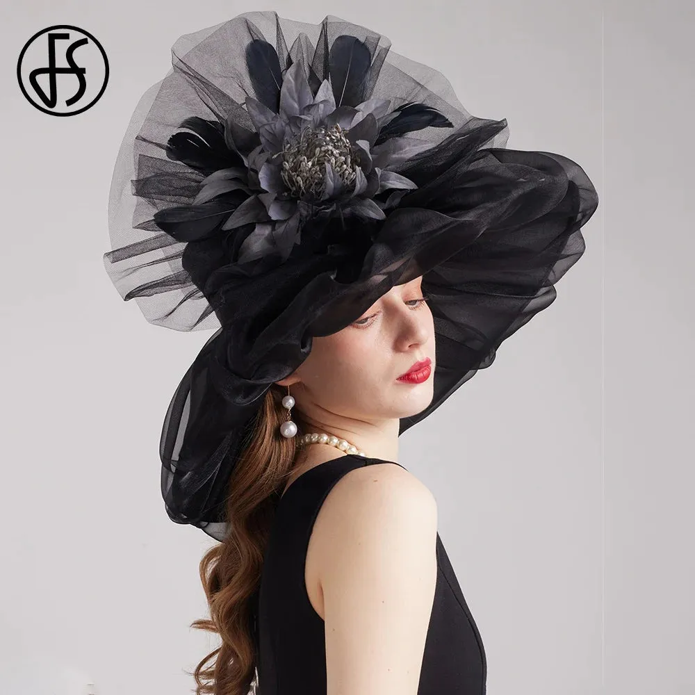 FS 2024 Female Kentucky Derby Hats For Women Organza Sun Sombrero With Mesh Flower Wedding Bride Church Cocktail Party Fedora