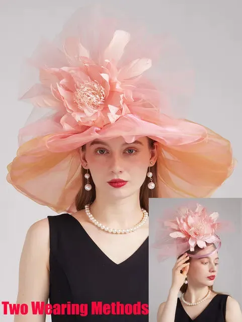 FS 2024 Female Kentucky Derby Hats For Women Organza Sun Sombrero With Mesh Flower Wedding Bride Church Cocktail Party Fedora