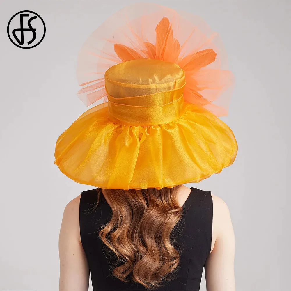 FS 2024 Female Kentucky Derby Hats For Women Organza Sun Sombrero With Mesh Flower Wedding Bride Church Cocktail Party Fedora