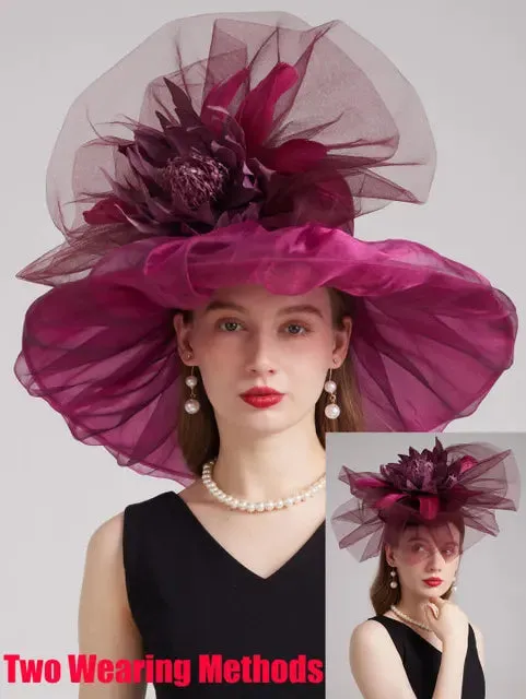 FS 2024 Female Kentucky Derby Hats For Women Organza Sun Sombrero With Mesh Flower Wedding Bride Church Cocktail Party Fedora