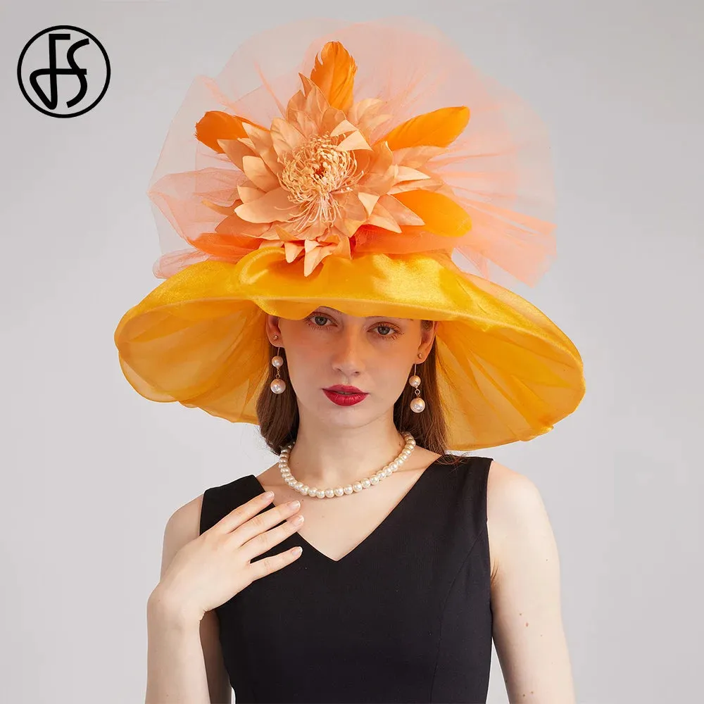 FS 2024 Female Kentucky Derby Hats For Women Organza Sun Sombrero With Mesh Flower Wedding Bride Church Cocktail Party Fedora