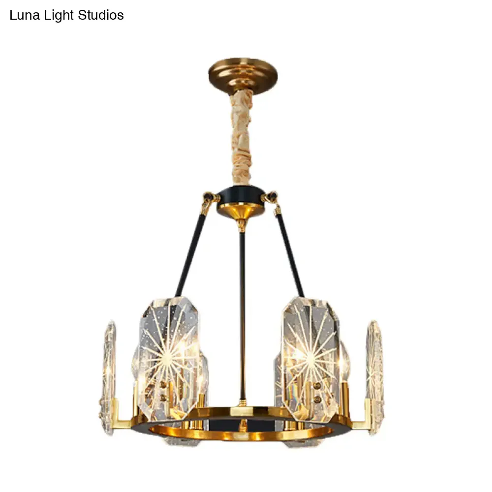 Gold Circular Crystal Panels Chandelier - Postmodern 6-Head Living Room Pendant Light