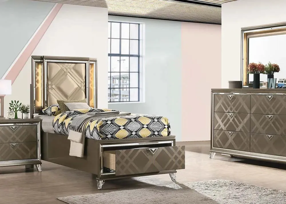 Harvey Full Bed w/Drawer, LED, Faux Leather & Dark Champagne
