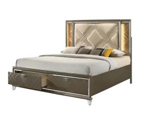Harvey Full Bed w/Drawer, LED, Faux Leather & Dark Champagne