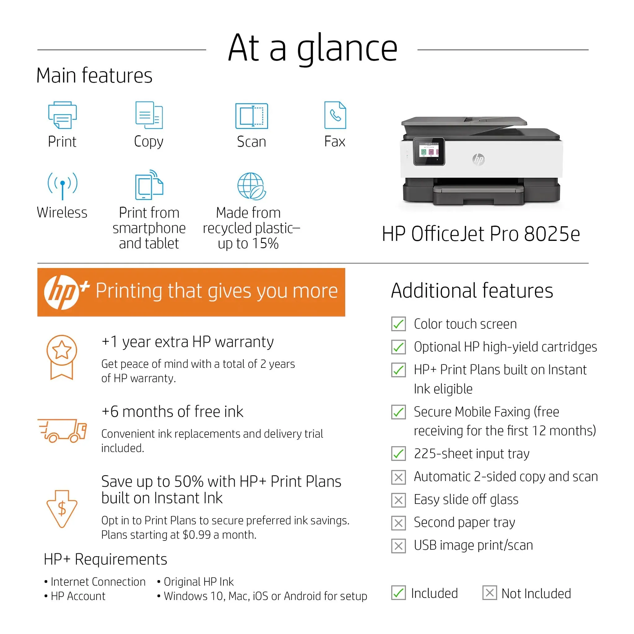 HP 1K7K3A#B1H OfficeJet Pro 8025e All-in-One Color Inkjet Printer/Copier/Fax/Scanner