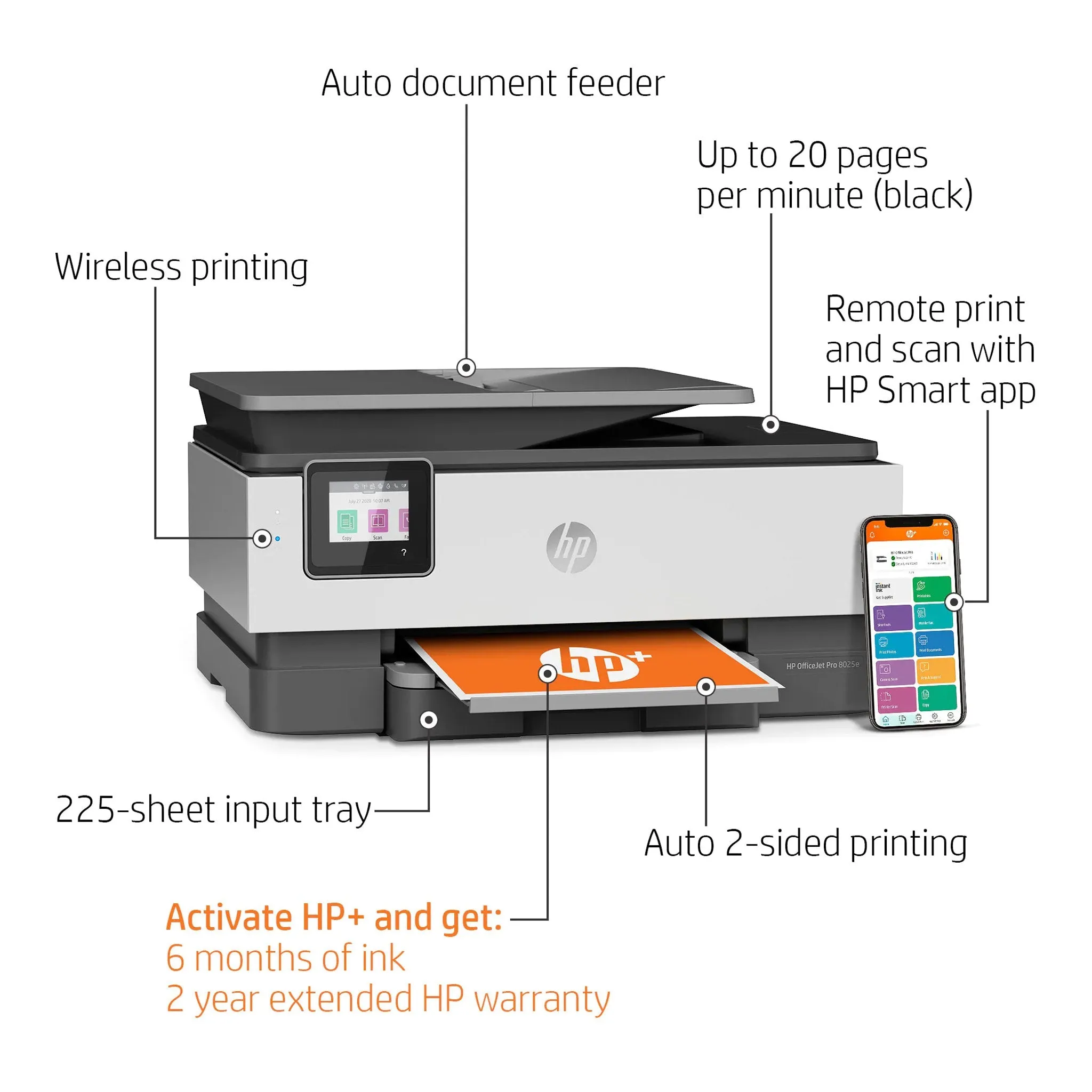 HP 1K7K3A#B1H OfficeJet Pro 8025e All-in-One Color Inkjet Printer/Copier/Fax/Scanner