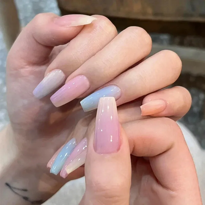 LANFUBEISI 24pcs False Nail Wearable Multicolor Simple Long Ballet Fingernails Finished Removable and Reusable Nail Patch