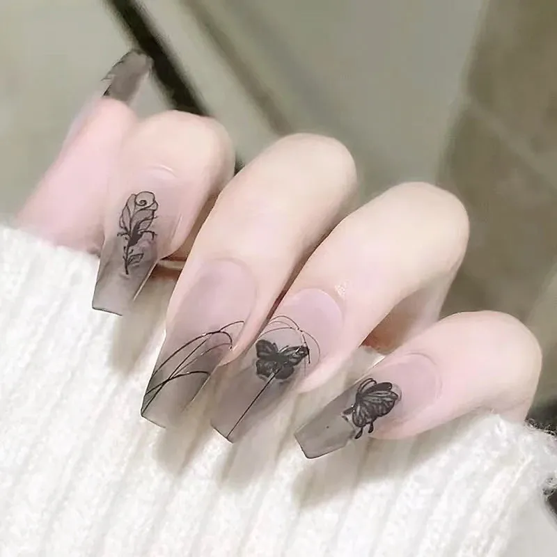 LANFUBEISI 24pcs False Nail Wearable Multicolor Simple Long Ballet Fingernails Finished Removable and Reusable Nail Patch