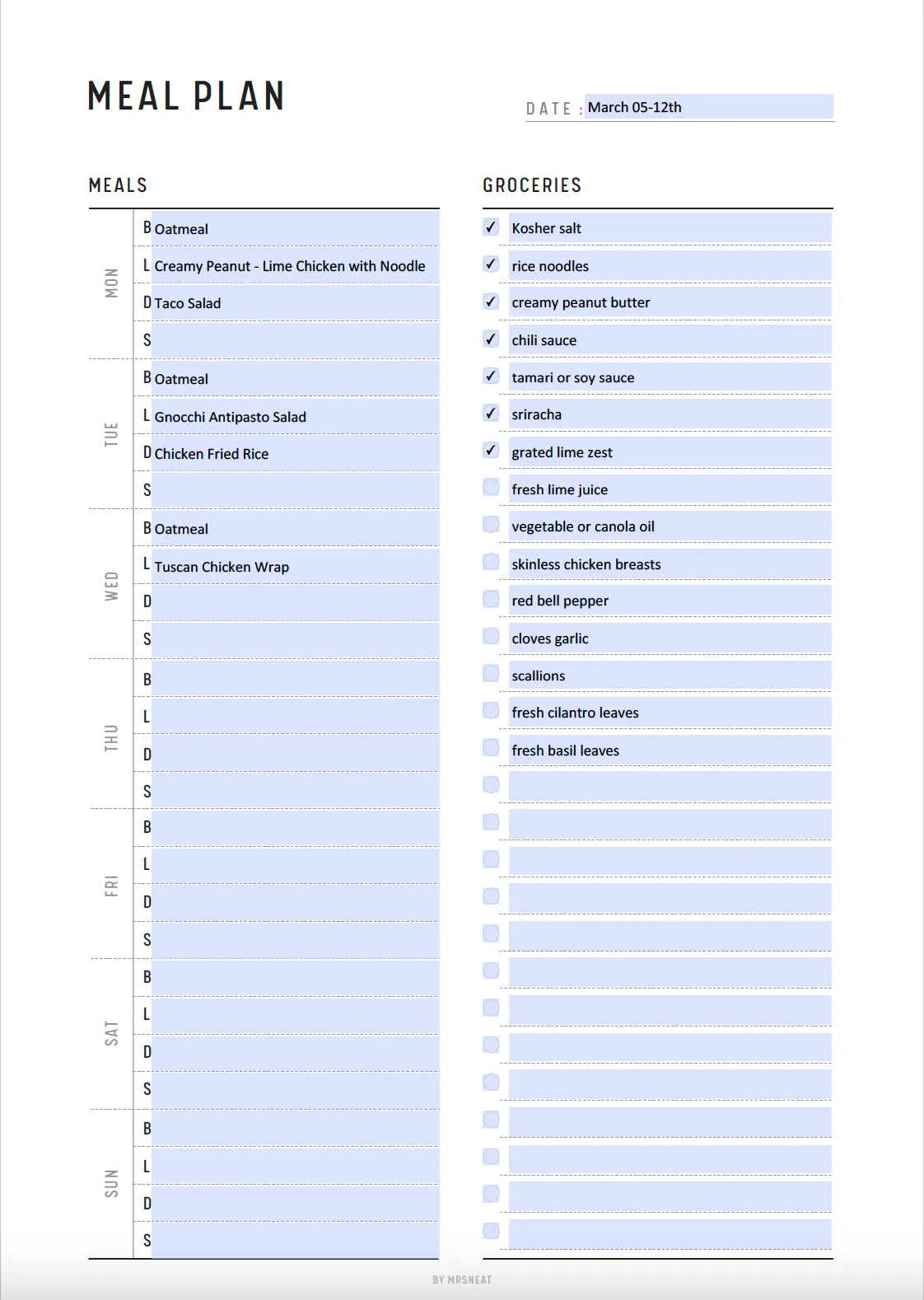 Meal Planner and Grocery List Template - M182