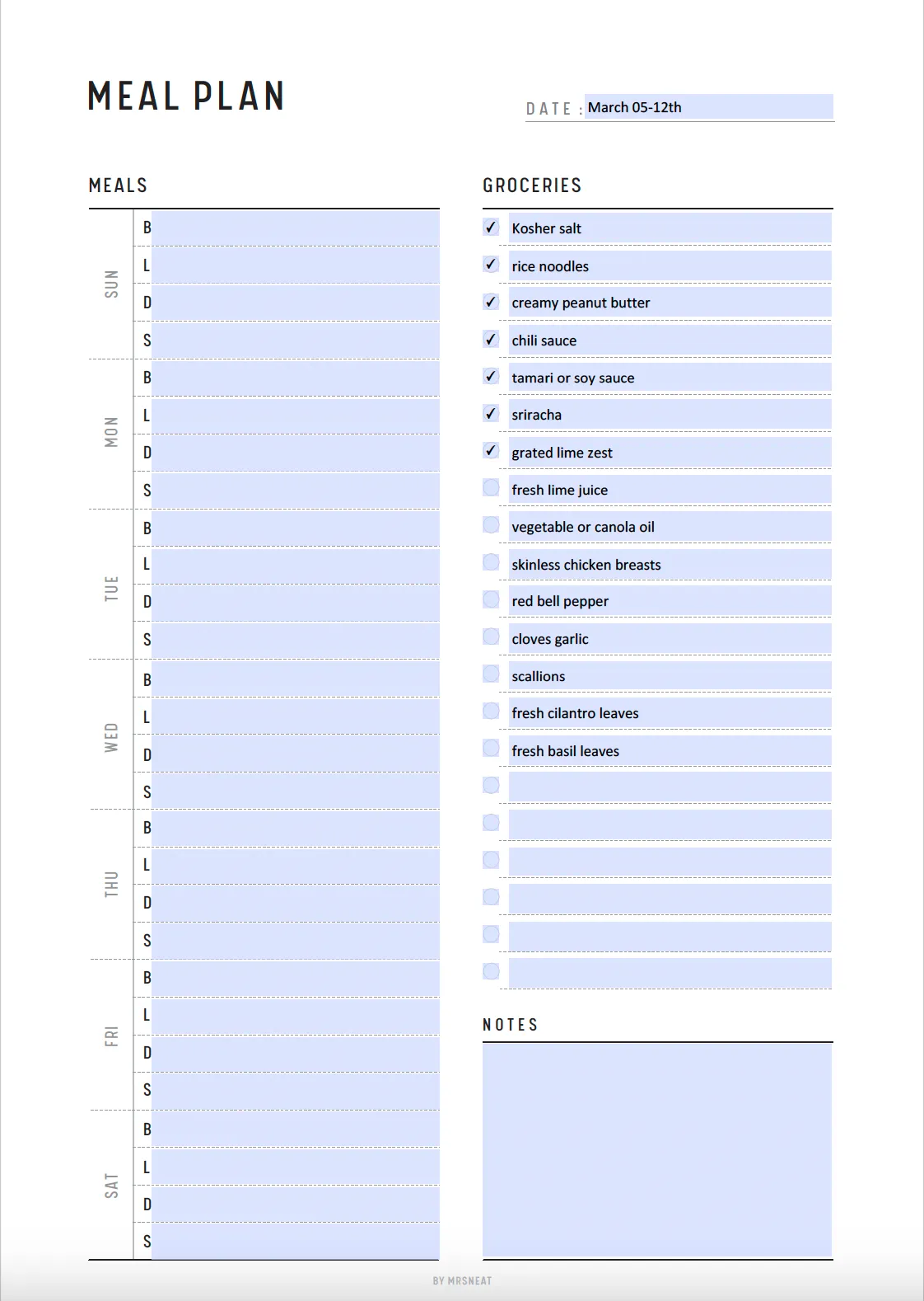 Meal Planner and Grocery List Template - M182