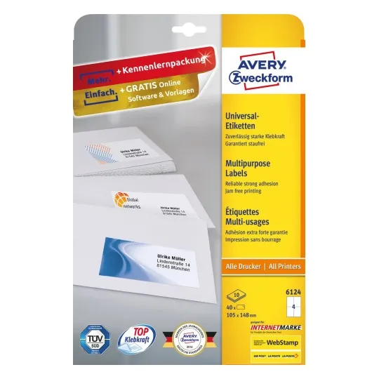 Multipurpose General-use Labels with ultragrip, 105 x 148 mm, Inkjet, Colour Laser, B/W Laser, Copier, A4