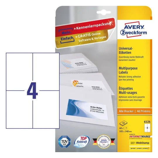 Multipurpose General-use Labels with ultragrip, 105 x 148 mm, Inkjet, Colour Laser, B/W Laser, Copier, A4