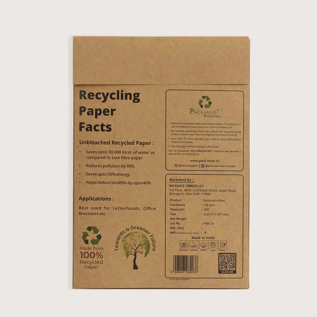Packmate Bond Paper (Letterhead Paper) (120 GSM | A4 Size - 100 Sheets) Pack of 3 Ream | Made From 100% Recycled Paper