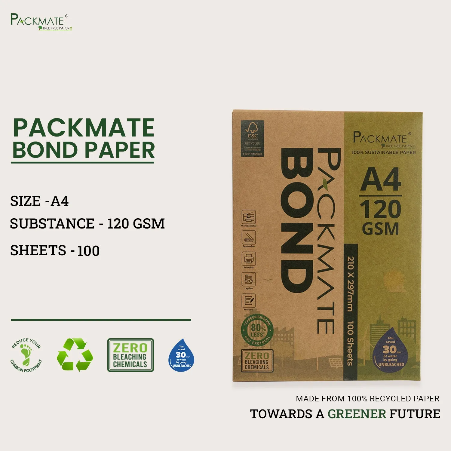 Packmate Bond Paper (Letterhead Paper) (120 GSM | A4 Size - 100 Sheets) Pack of 3 Ream | Made From 100% Recycled Paper