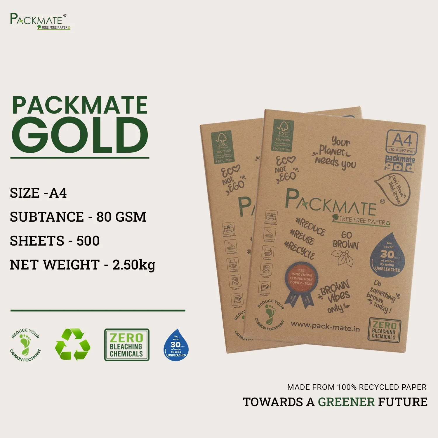 Packmate Gold (A4 Copier Paper - 500 Sheets) | A4 Paper Ream | Made From 100% Recycled Paper