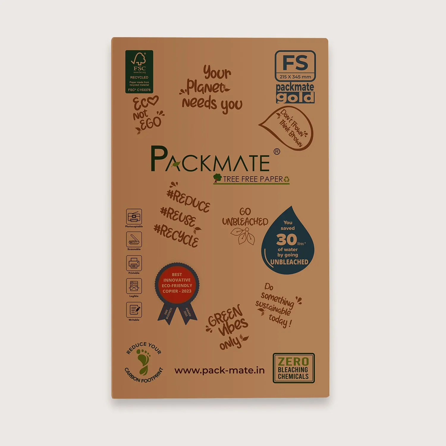 Packmate Gold Copier - FS, 1 Ream, 500 Sheet |  Made From 100% Recycled Paper