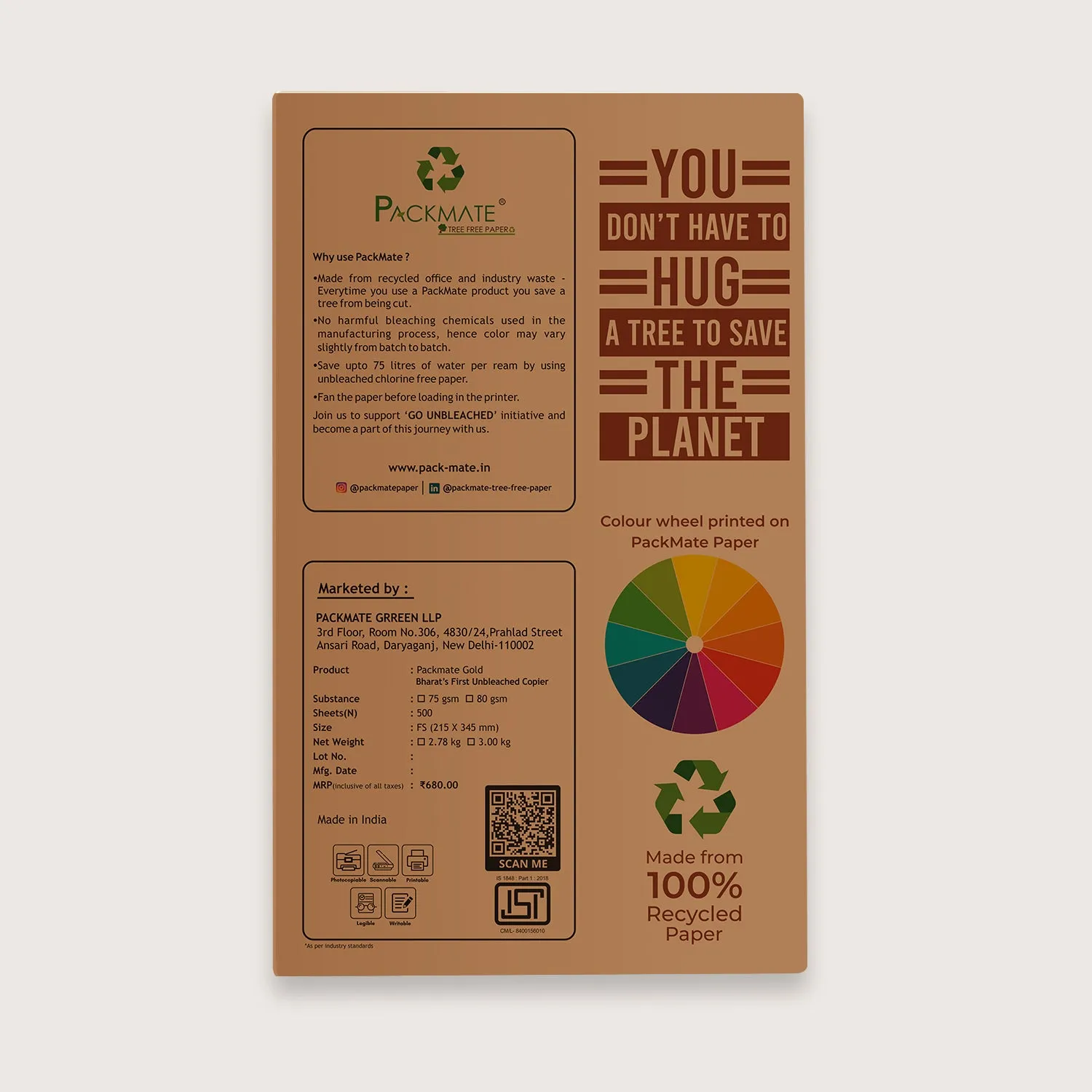 Packmate Gold Copier - FS, 1 Ream, 500 Sheet |  Made From 100% Recycled Paper