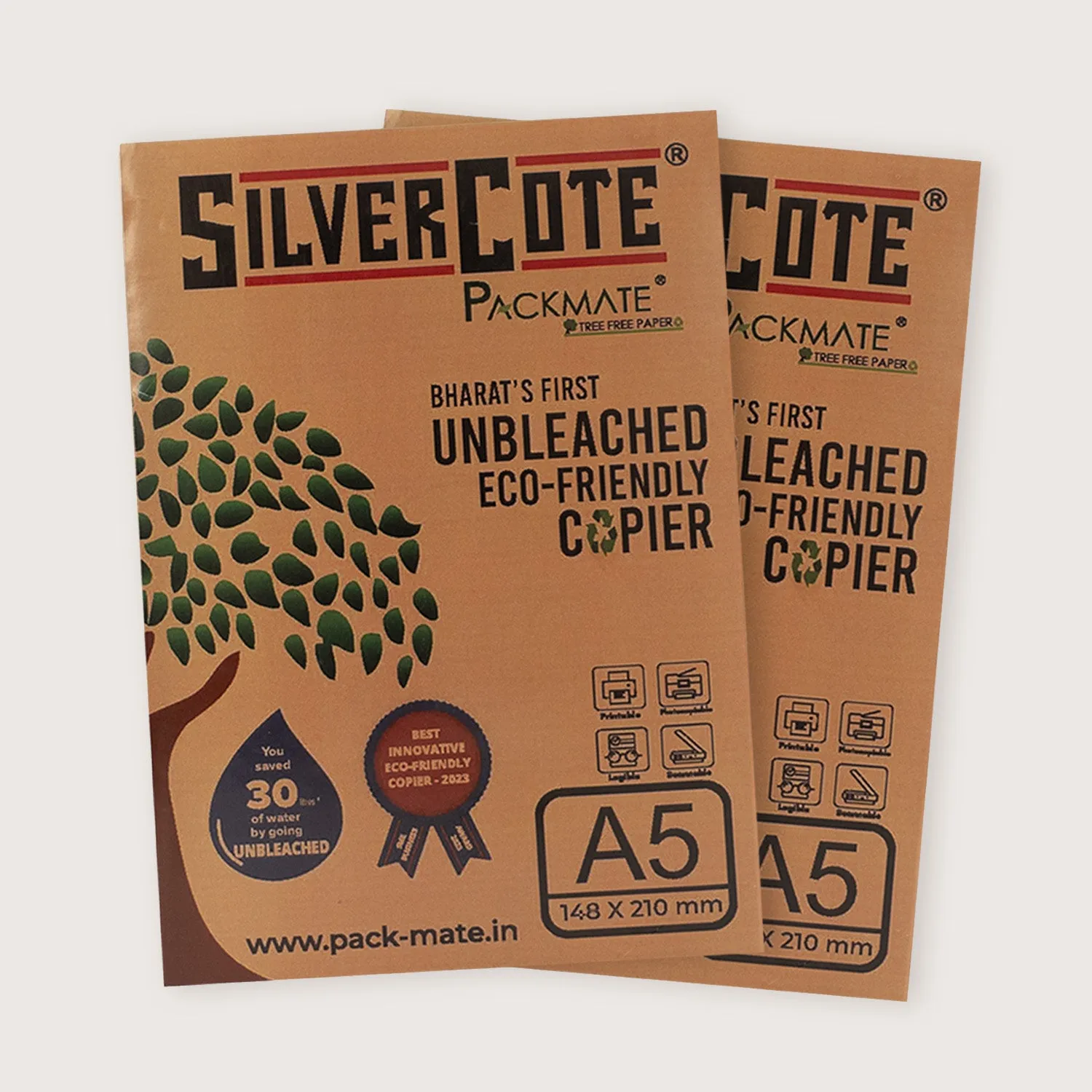 Packmate Silvercote A5 Copier, 1 Ream, 500 Sheets (Pack of 2)  Made From 100% Recycled Paper