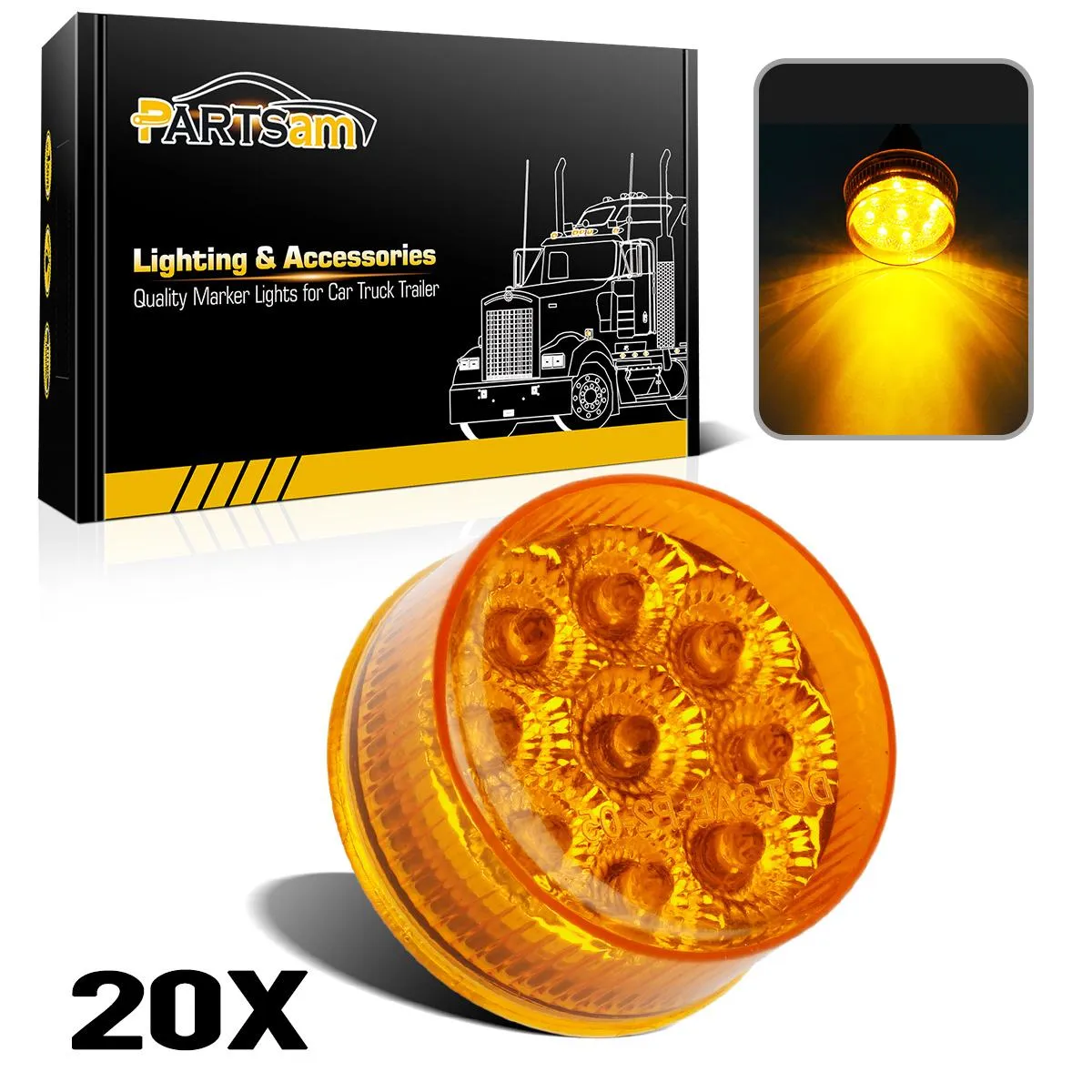 Partsam 20Pcs 2 inch Inch Round Trailer Led Side Marker and Clearance Lights Amber 9 Diodes with Reflectors for Semi Trailer Trucks, 2 Round Led Marker Lights, 2 inch Round Led Lights for Trucks