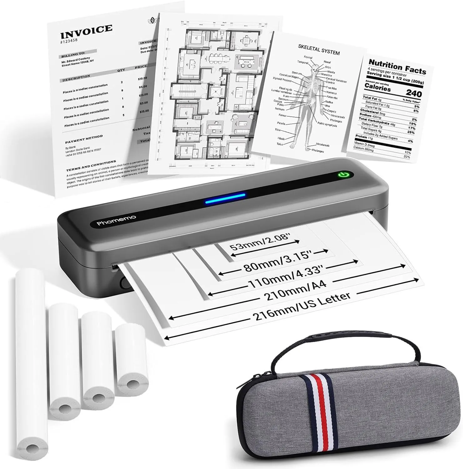 Phomemo Portable Printers Wireless for Travel, M832 Inkless Thermal Printer Support 8.5'' x 11'' US Letter & A4 Size, Mobile Printer Compatible with iPhone Android Laptop, Bluetooth Printer with Case