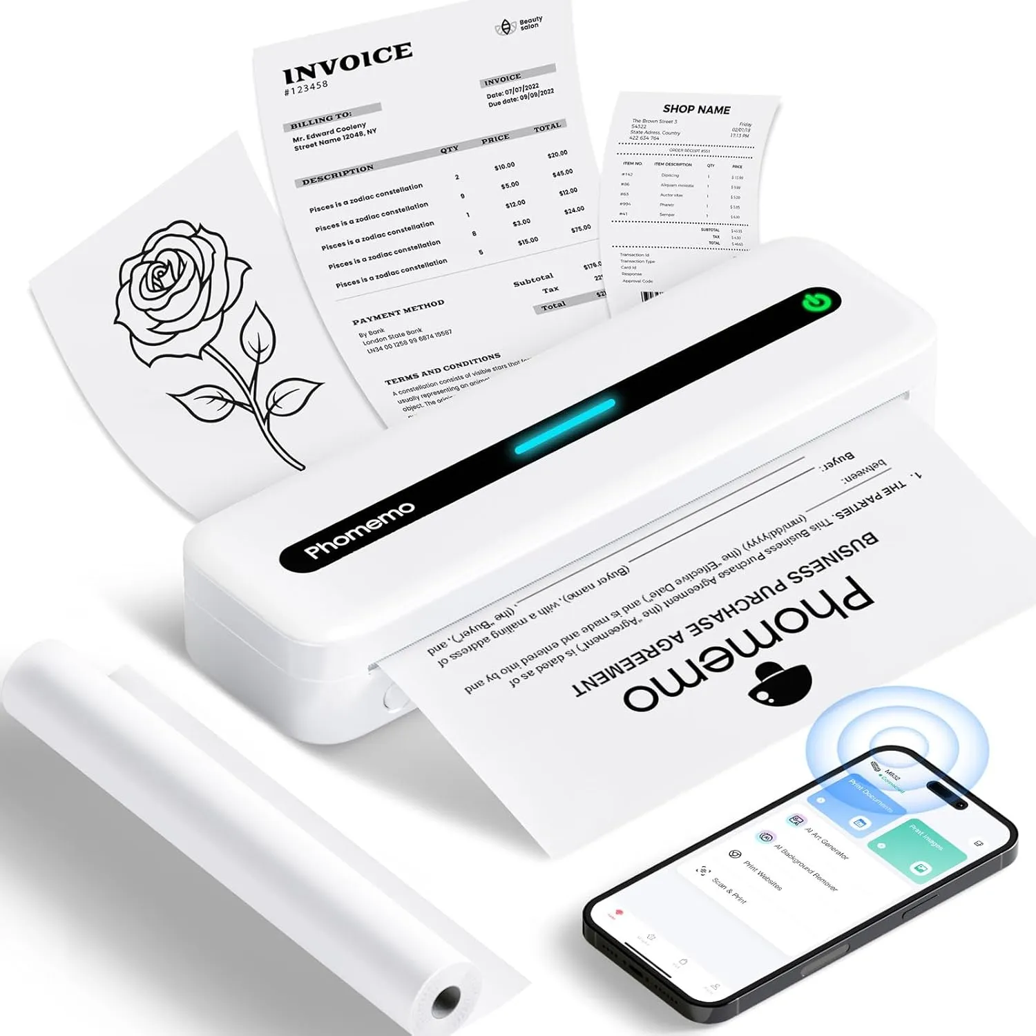 Phomemo Portable Printers Wireless for Travel, M832 Inkless Thermal Printer Support 8.5'' x 11'' US Letter & A4 Size, Mobile Printer Compatible with iPhone Android Laptop, Bluetooth Printer with Case
