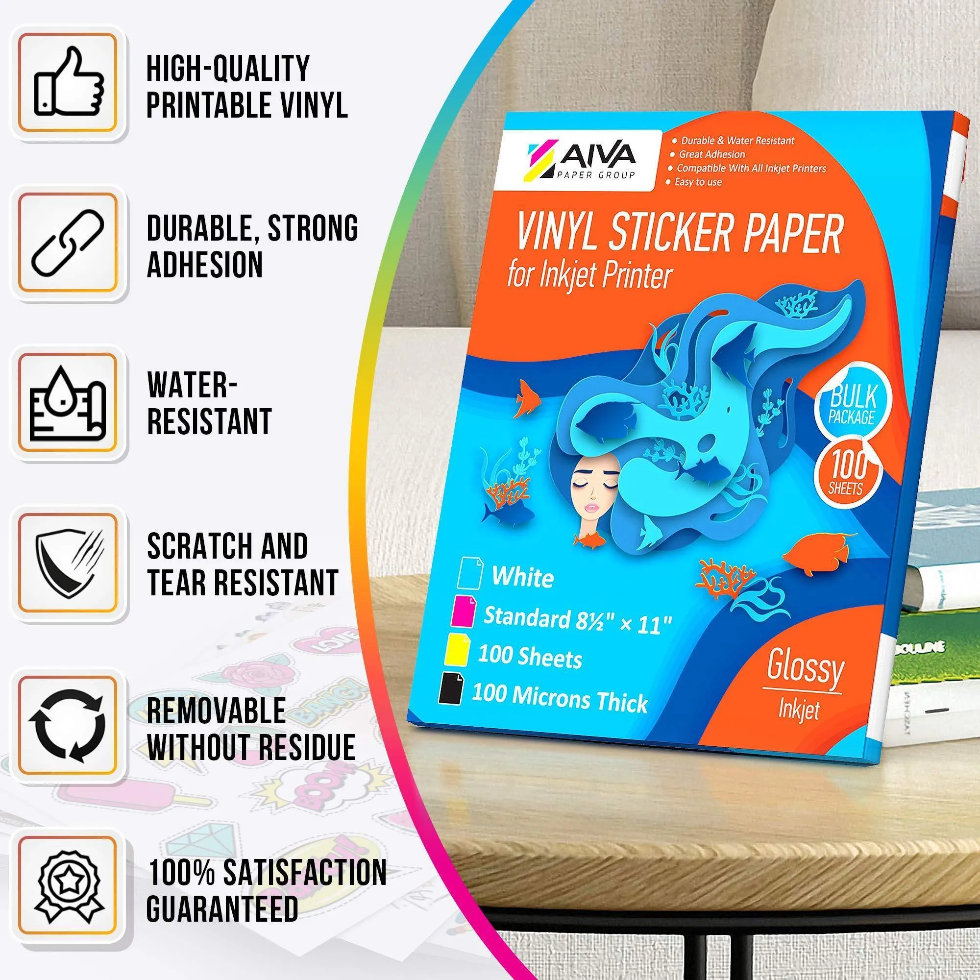 Printable Vinyl Sticker Paper Waterproof Decal for Inkjet Printer 100 Pcs 8.5x11