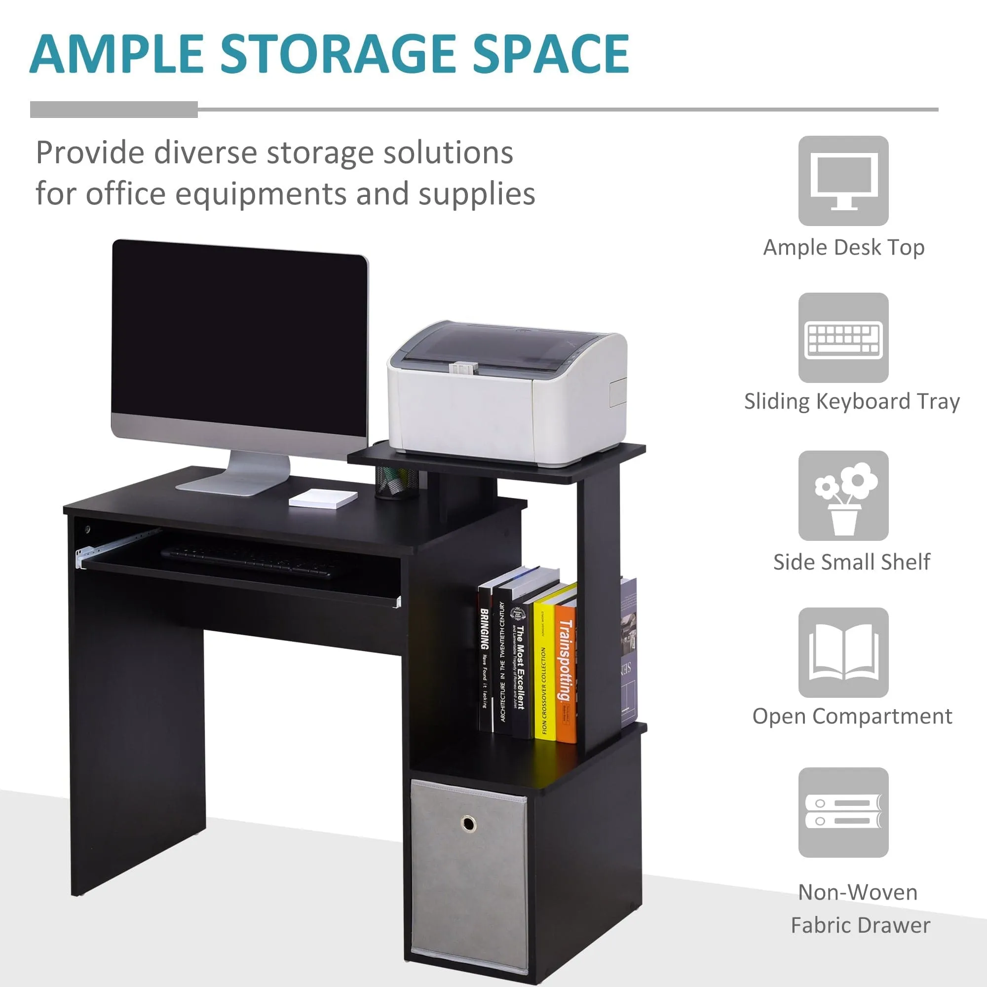 ProperAV Extra Computer Desk with Sliding Keyboard Tray & Side Compartment