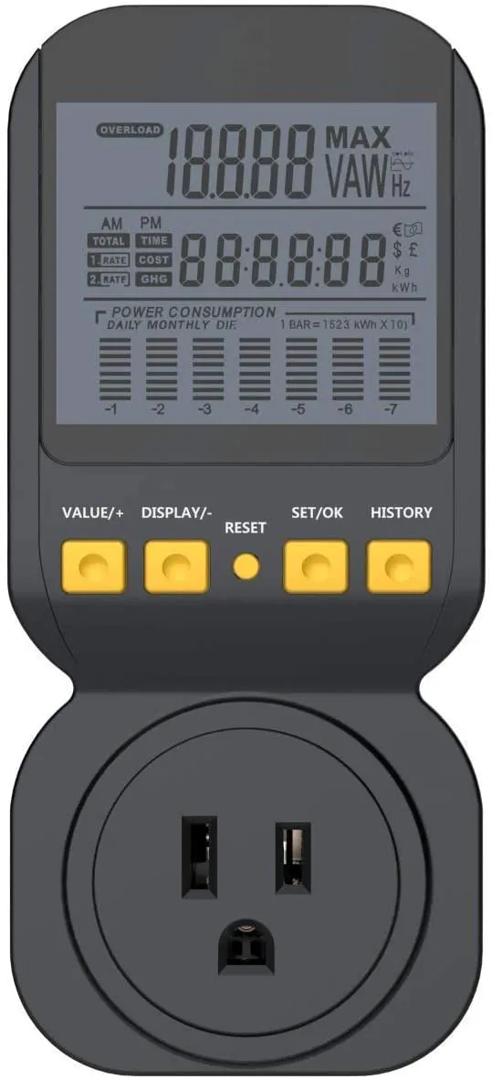 Spartan Power Electricity Usage Monitor Watt Meter with 15A Outlet, 1800 Watt Maximum SP-PM120
