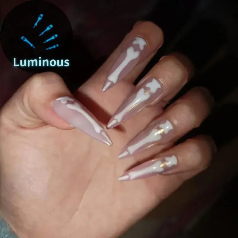Wenkouban-Helloween sminken 10Pcs Gothic Bones Handmade Press-On Nails Glossy Long Almond Full Cover Fake Nail Tip for Women&Girls Halloween,party Wear