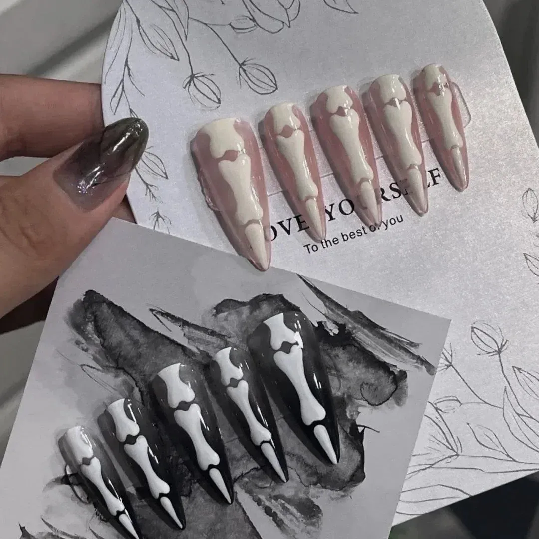 Wenkouban-Helloween sminken 10Pcs Gothic Bones Handmade Press-On Nails Glossy Long Almond Full Cover Fake Nail Tip for Women&Girls Halloween,party Wear