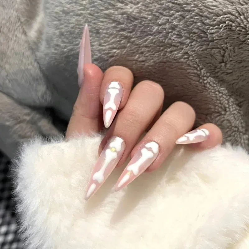 Wenkouban-Helloween sminken 10Pcs Gothic Bones Handmade Press-On Nails Glossy Long Almond Full Cover Fake Nail Tip for Women&Girls Halloween,party Wear