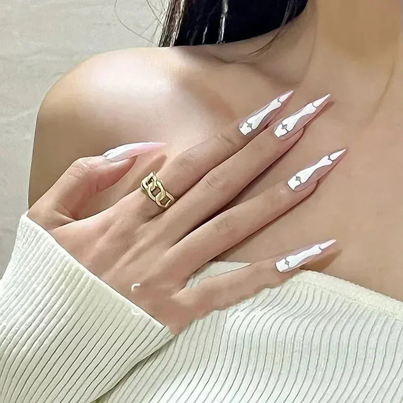 Wenkouban-Helloween sminken 10Pcs Gothic Bones Handmade Press-On Nails Glossy Long Almond Full Cover Fake Nail Tip for Women&Girls Halloween,party Wear